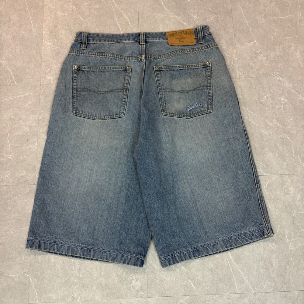 Pure Playaz Vintage Baggy Denim Shorts Mens 34 Blue Light Wash Y2K Skater 90s